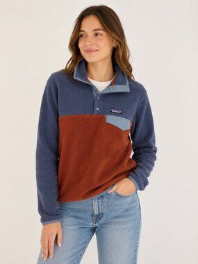 Patagonia Synchilla Fleece Sweater Two-Tone Snap-T Pullover Grey-Blue & Rust